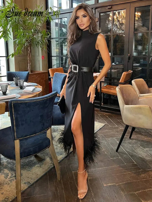 Fashion Black Feather Split Midi Dress 2022 New Summer Women' Sexy Sleeveless Belted Celebrity Club Party Dress Vestidos